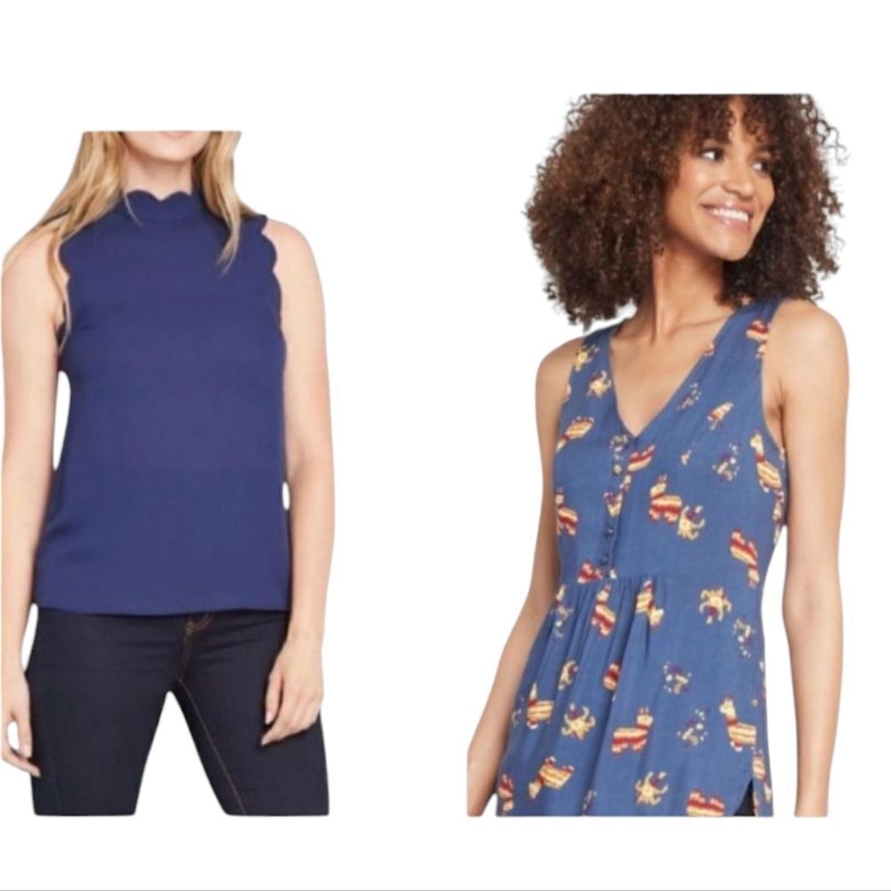 Lot of 2 ModCloth Sleeveless tops One Pinata print and one Navy blue scalloped